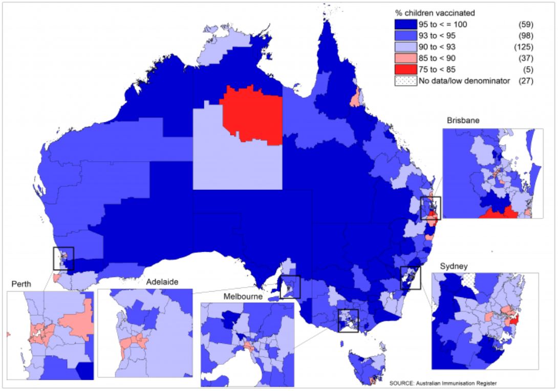 A map showing exactly where the unvaccinated kids aged 5 and under are. Credit: NCIRS