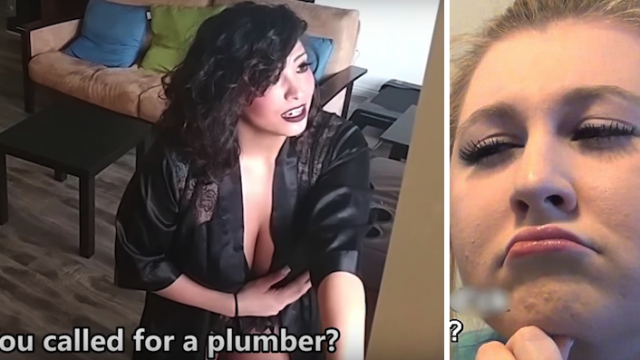 Chick Tests Plumber Boyfriend With Scantily Clad Lass Offering A BJ For His Services