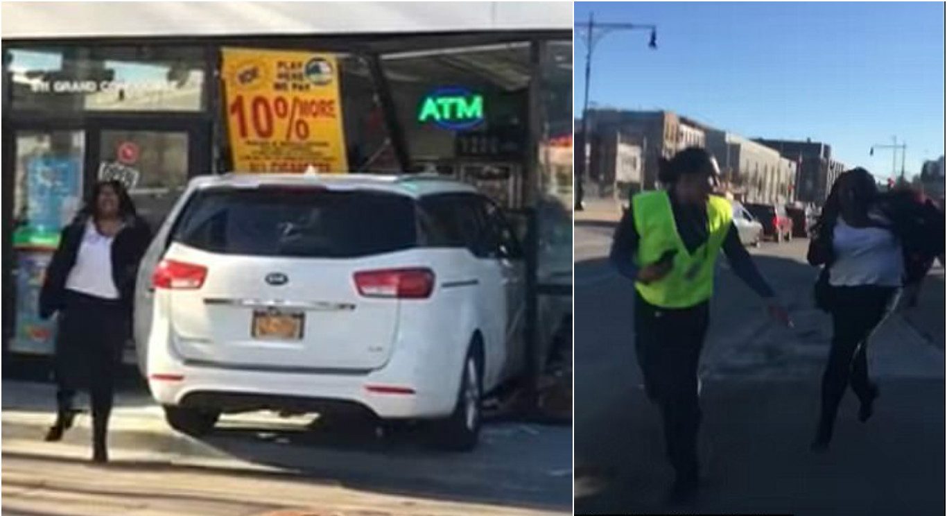 Woman Crashes Her Car Into A Gas Station, Goes Off And Chases Guys Filming Her