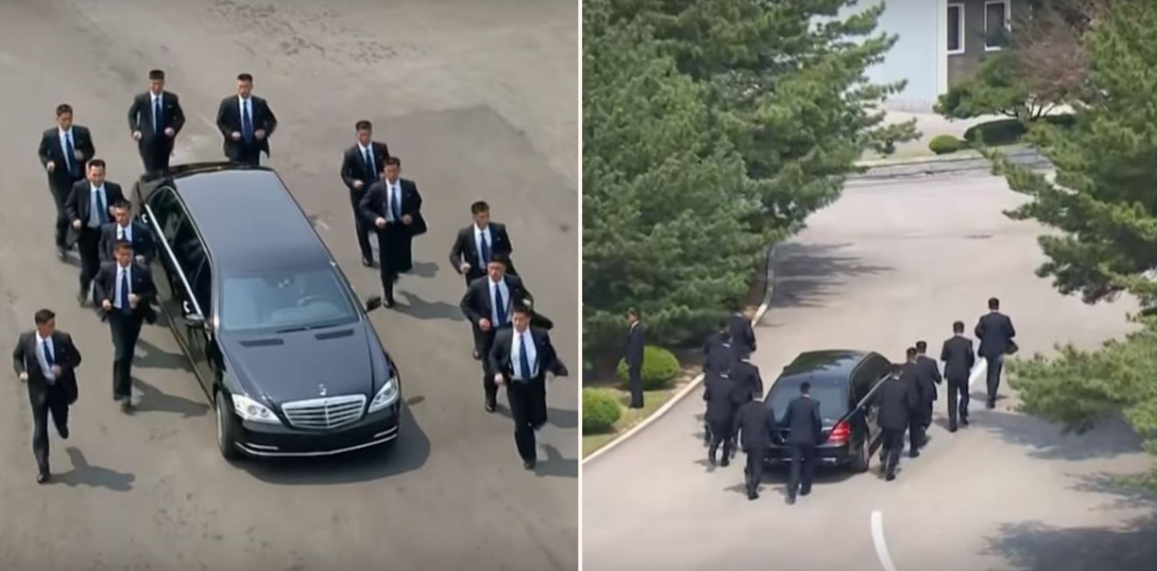 Kim Jong Un’s bodyguards run alongside his limo as he heads for lunch