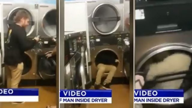 Aussie bloke goes for a spin in a laundromat dryer