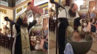 Orthodox Bishop throws baby around like a basketball during baptism