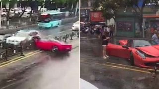 Dodgy driver sends new Ferrari 458 sideways into oncoming traffic minutes after renting it