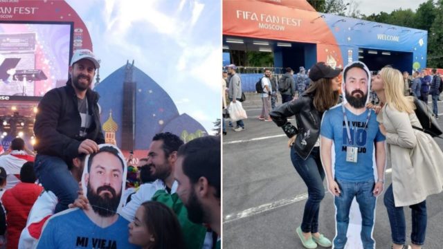 A cardboard cut-out man keeps popping up at the World Cup