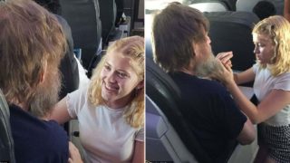 Teenage sheila uses sign language to calm the nerves of a deaf and blind man on flight