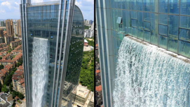 Chinese company builds 350ft tall waterfall on the side of a skyscraper