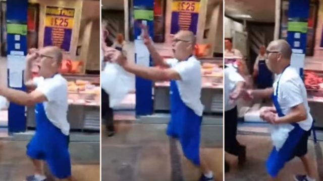 Butcher swings his meat around at vegan protesters outside his shop