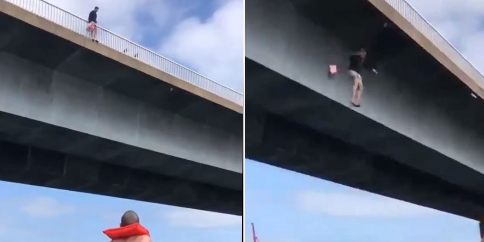 Aussie bloke launches himself off bridge to deliver beers to his mates
