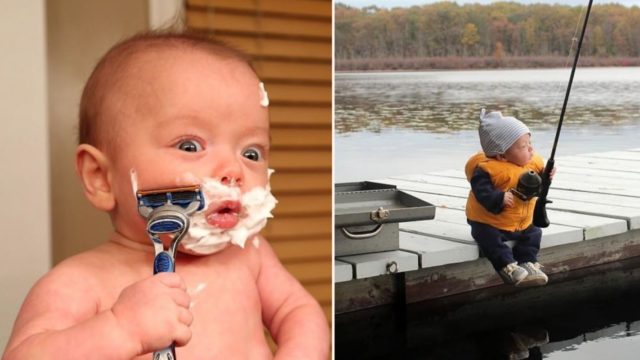 Bloke takes hilarious photos of his premature son doing ‘manly’ things