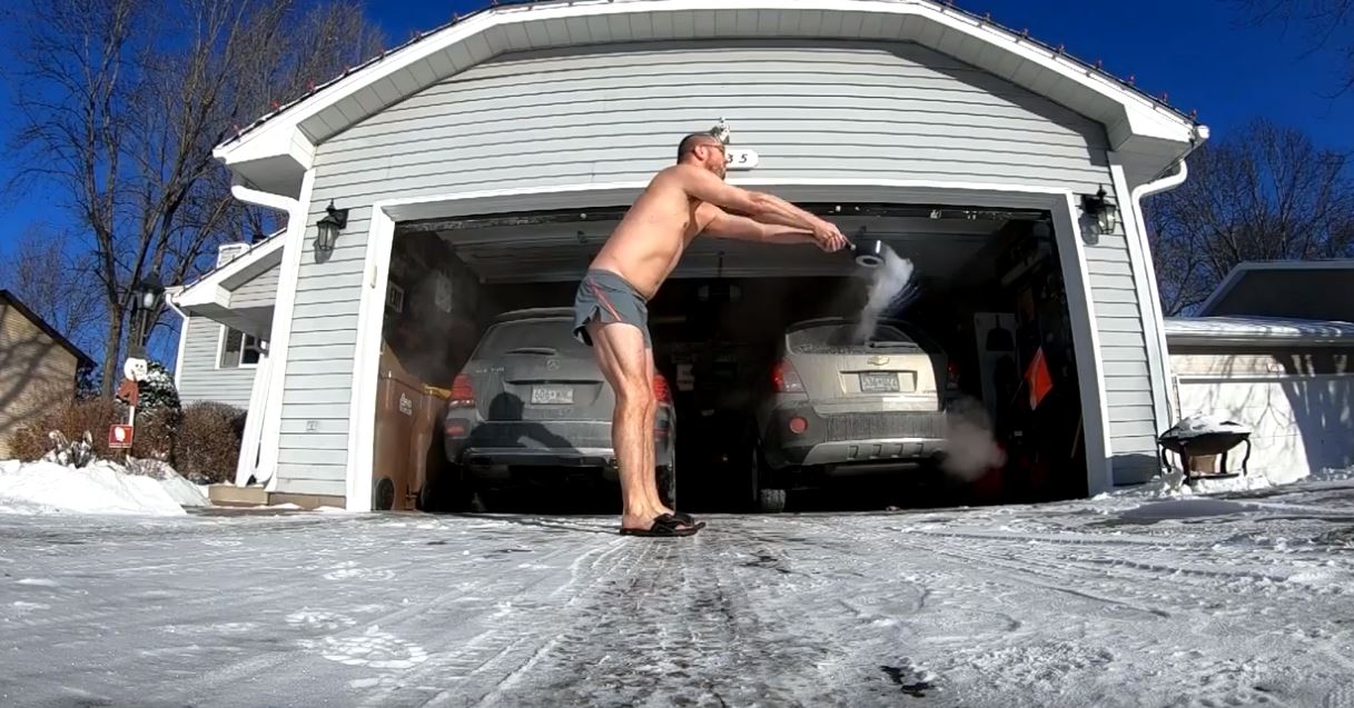 Bloke attempts boiling water trick in freezing conditions, f**ks it up