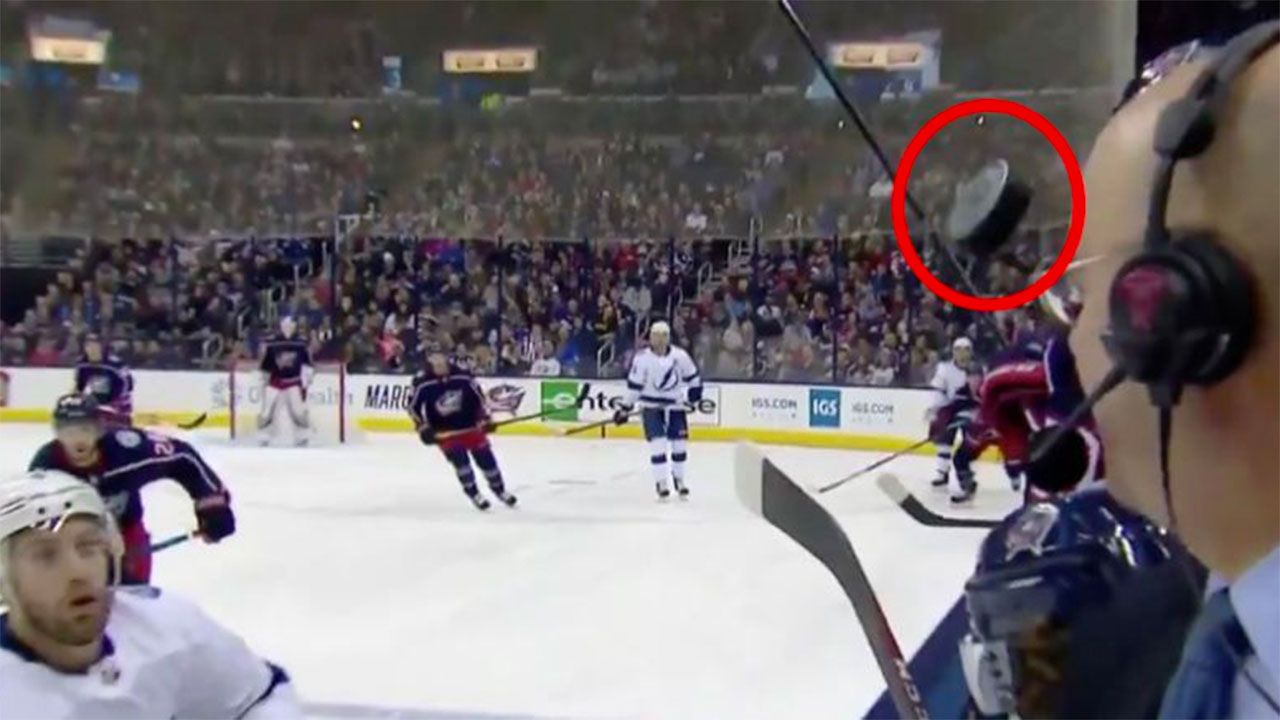 Hockey puck nearly sends NHL commentator to Destination F*@#ed!