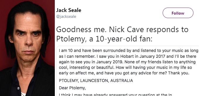 10 year old kid sends Nick Cave a letter asking for advice, gets bloody brilliant response
