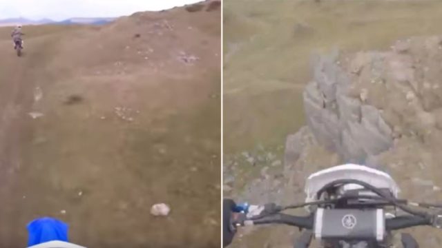 Dirt biker misjudges the terrain and accidentally launches himself off a 40-foot cliff