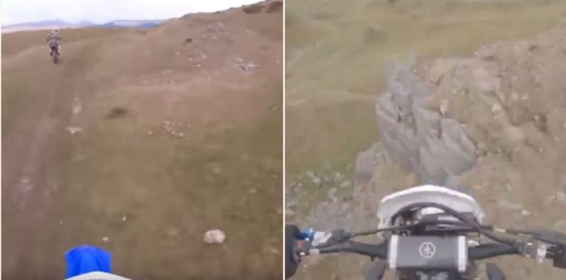 Dirt biker misjudges the terrain and accidentally launches himself off a 40-foot cliff