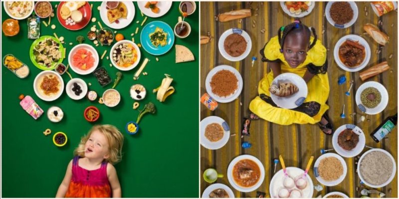 Kids from different parts of the world photographed with what foods they eat in a week
