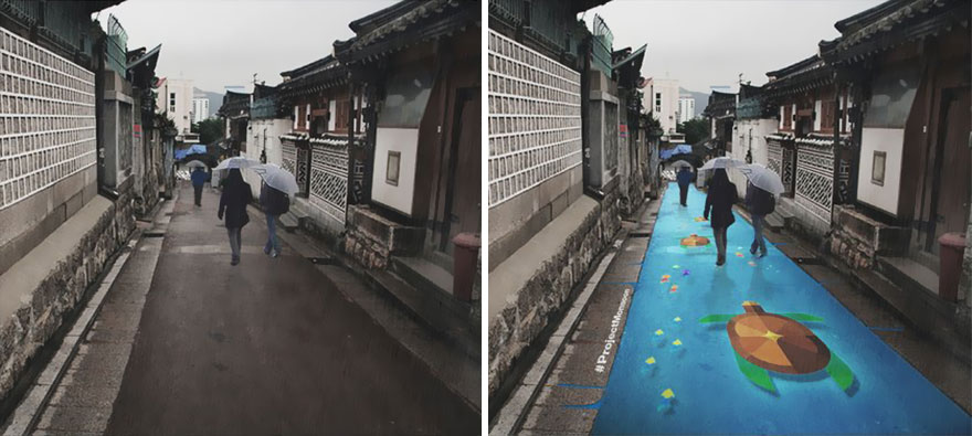 These water-activated street murals come alive when it rains