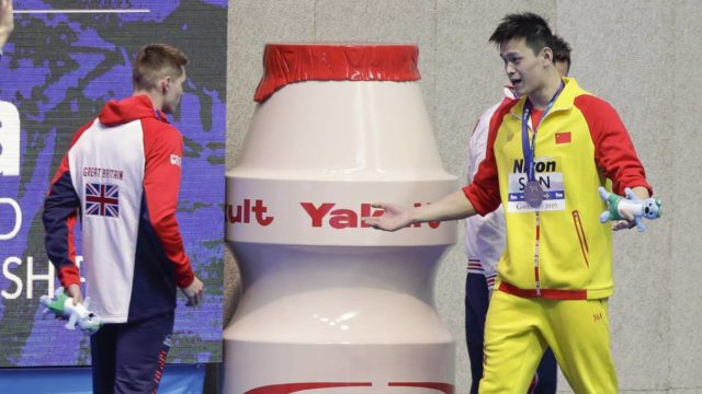 Swimmer Sun Yang chucks a tanny after another podium protest against drug cheating