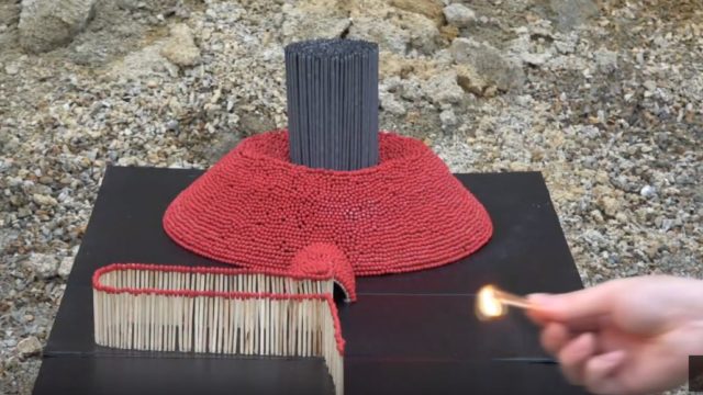 Bloke creates ‘volcano’ out of 16,000 matches and the result is bloody mint