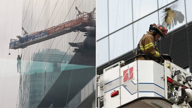 High-rise workers swinging like theme park ride in high winds