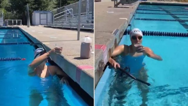 Olympic Gold-Medallist swims full lap with choccy milk on her head!