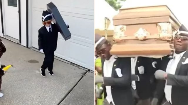 Kid wins internet with bloody gold “coffin dance” Halloween costume
