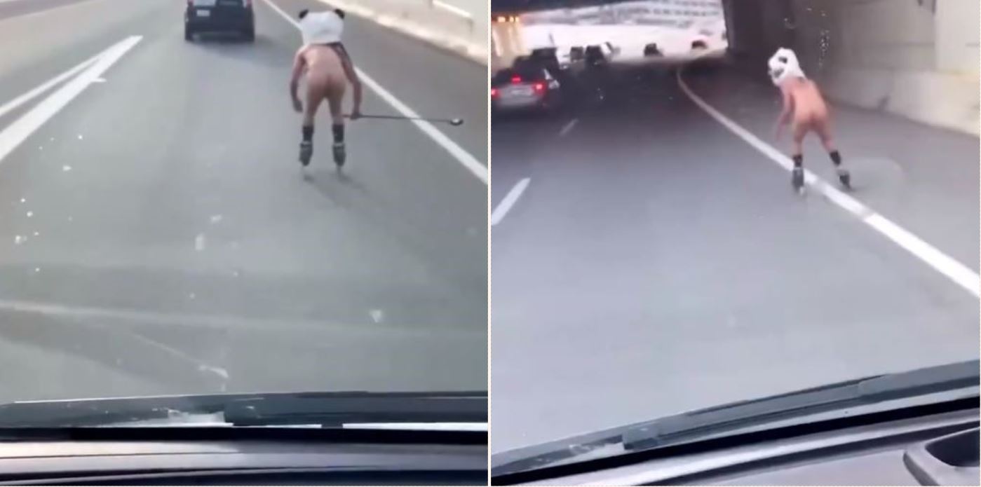 Naked bloke in panda mask captured on film rollerblading down US highway