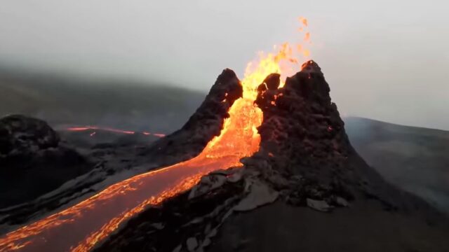 Incredible drone footage captures close-up views of volcano erupting in Iceland