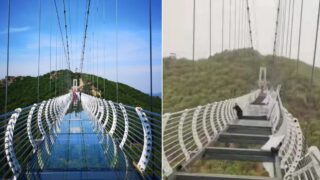 Bloke stranded on glass-bottom suspension bridge 90 metres in the air after wind destroys it