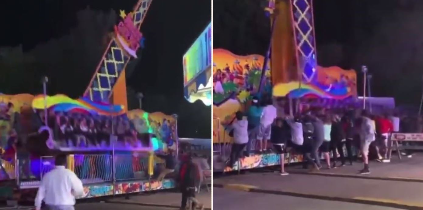 Footage captures moment bystanders rush to stop carnival ride tipping over