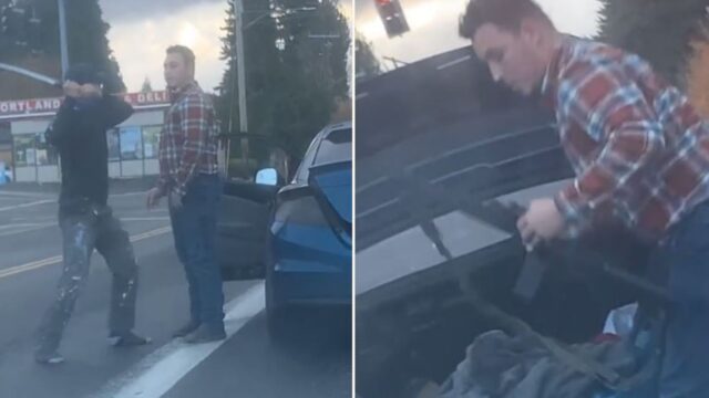 Epic road-rage incident sees fiery men resorting to swords and guns