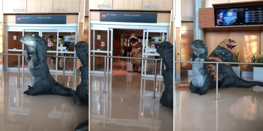 Grandma dresses up as a bloody T-Rex and shocks grandkids at airport