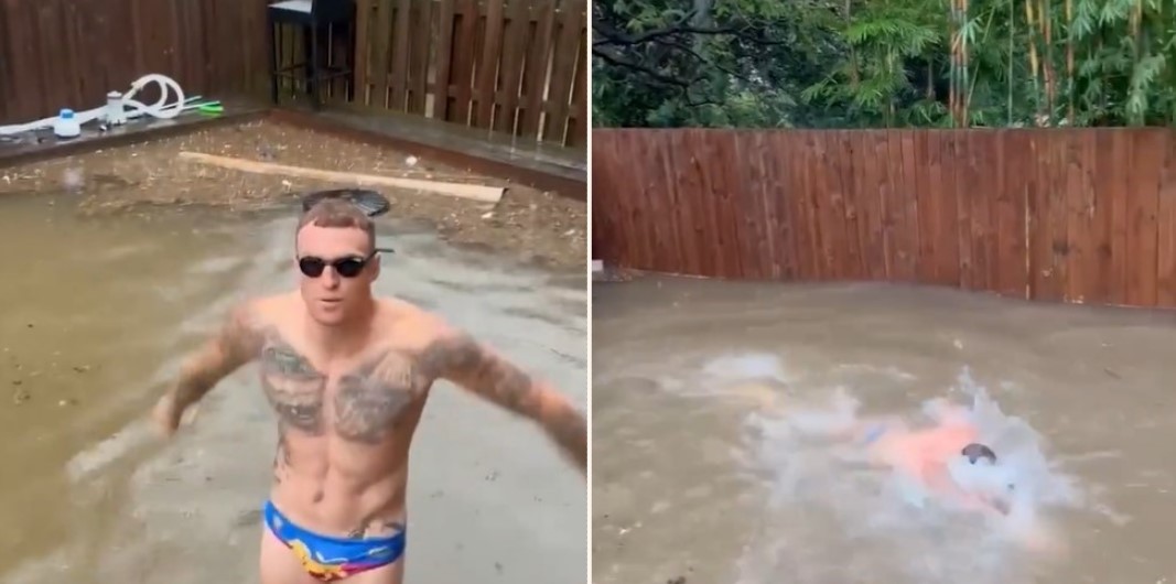 Aussie Rules star swims in floodwater and brilliantly overlays Michael Phelps commentary