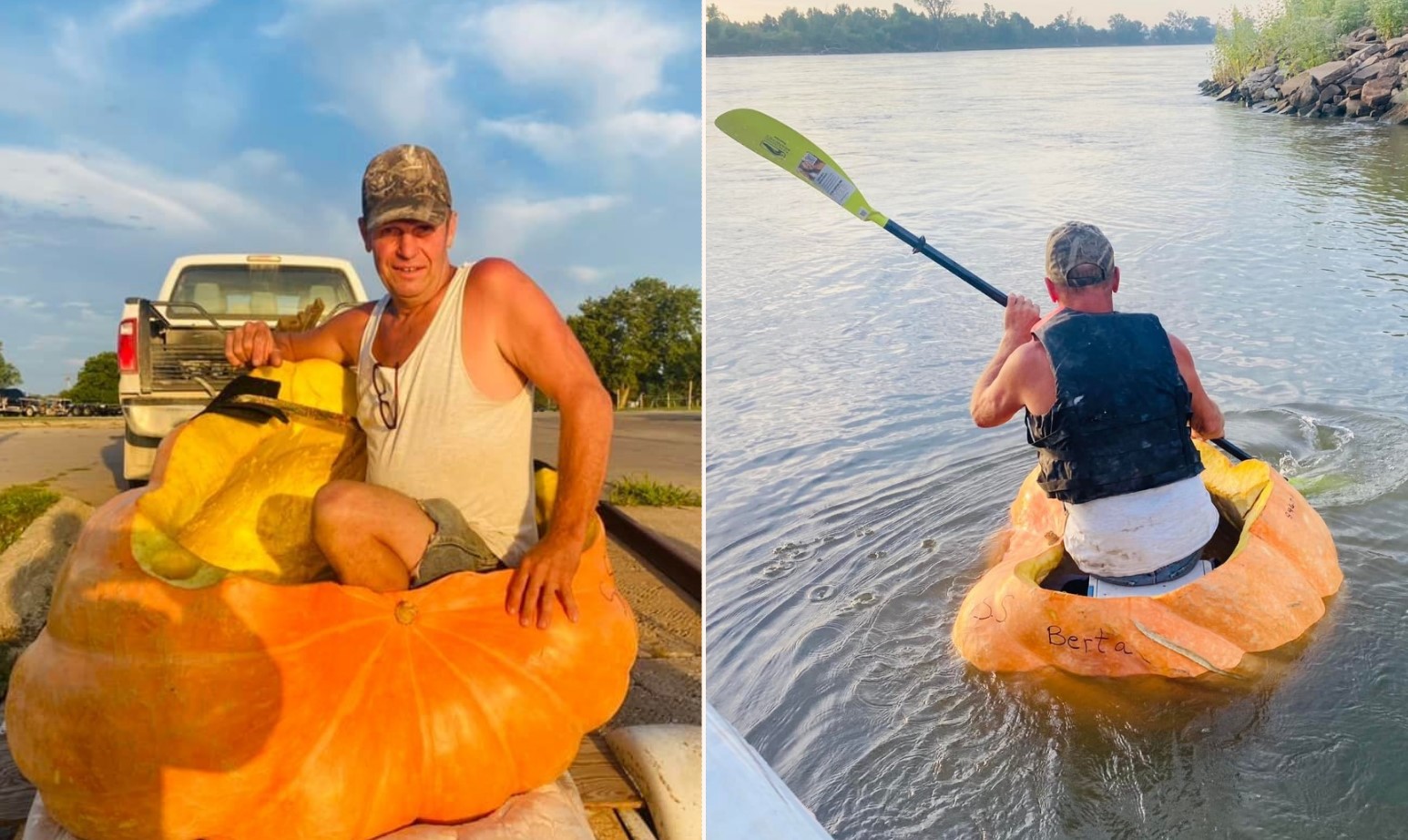 Bloke sets world record by floating downriver in a massive pumpkin